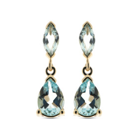 Boucles d'oreilles pendantes Topaze Bleue Traitée en Or Jaune 375. Les Topazes sont taillées en marquise de 6x3mm et en po...