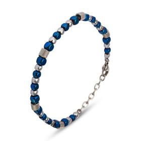 Bracelet Homme Acier composé cubes gris, cylindres striés cubes bleus Largeur : 5,2mm Longueur ajustable 20 à 22,5cm