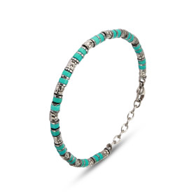 Bracelet Homme Acier composé cylindres texturés gris pierres couleur bleues turquoise Largeur : 4,4mm Longueur ajustable 1...