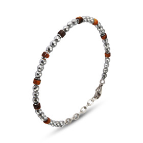 Bracelet Homme Acier composé boules facettées cylindres Oeil tigre Largeur : 4,2mm Longueur ajustable 19 à 22cm