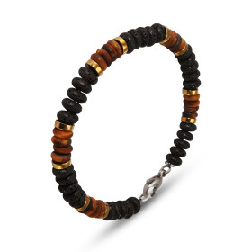 Bracelet Homme Acier composé pierres plates Oeil tigre pierre lave ainsi que cylindres acier doré Largeur : 6,6mm Longueur...