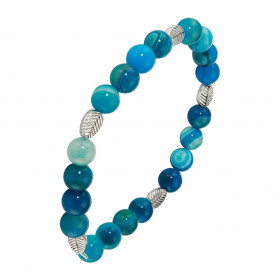 Bracelet Agate Bleue 8mm etMotif Feuille Ce Bracelet est composé 20 perles 8mm Agate Bleue teintée 5 intercalaires métal r...