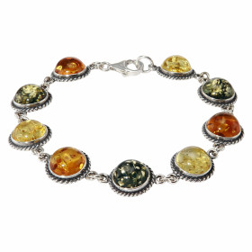 Bracelet Argent Ambre Multicolore Pierres rondes 12mm entourées d un motif argent vieilli Largeur du bracelet : 15mm Longu...