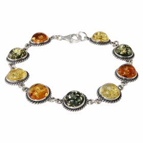 Bracelet en Argent et Ambre Multicolore. Pierres rondes de 12mm entourées d'un motif en argent vieilli. Largeur du bracele...