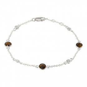 Bracelet Argent 925 Oeil tigre Oxyde zirconium Bracelet composé d une chaine forcat, 3 Oeil tigre facettés 5mm 4 oxydes ro...
