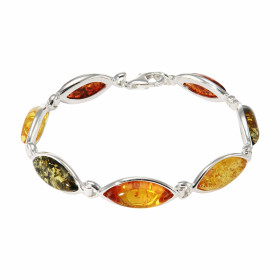 Bracelet en Argent et Ambre multicolore. Pierres en forme de navette mesurant 16x6mm. Largeur du bracelet : 8mm. Longueur ...