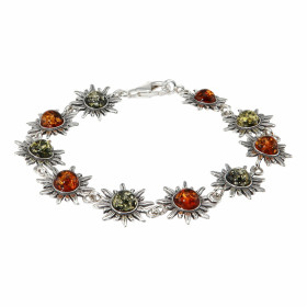 Bracelet Argent  Ambre Multicolore Motif Soleil