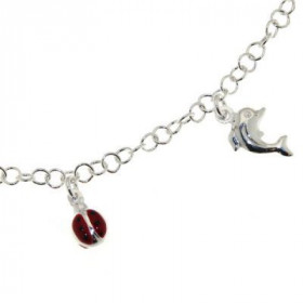 Bracelet en Argent avec breloques coccinelles et dauphins. Longueur : 19cm. 
