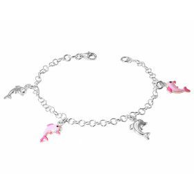 Bracelet en argent composé de 2 breloques dauphins roses émaillés et de 2 breloques dauphins argent. Longueur ajustable de...