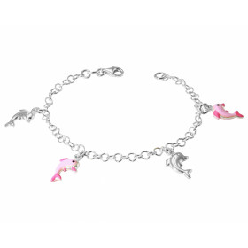 Bracelet argent composé 2 breloques dauphins roses émaillés 2 breloques dauphins argent Longueur ajustable 14 à 16,5cm Lar...