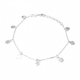 Bracelet en argent composé de breloques dont 2 fleurs, 2 coeurs, 2 pastilles, 1 étoile et 1 lune. Largeur du bracelet : 9m...