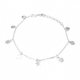 Bracelet argent composé breloques dont 2 fleurs, 2 coeurs, 2 pastilles, 1 étoile 1 lune Largeur du bracelet : 9mm Chaîne m...