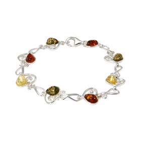 Bracelet Argent 925 et Ambre multicolore. Motifs en forme de coeurs. Longueur : 18cm. Largeur : 1,1cm