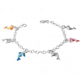  Bracelet argent composé 3 dauphins argent 3 dauphins émail rose bleu orange Chaîne de 3mm large Longueur : 16cm 