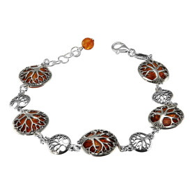  Bracelet argent composé d ambres 13mm diamètre au dos un arbre vie Ambre couleur cognac Longueur ajustable 18,5 à 21cm 
