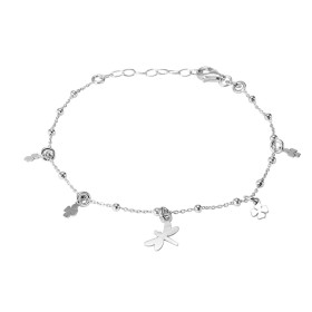 Bracelet argent rhodié composé 4 breloques trèfles à 4 feuilles 1 breloque libellule Chaîne maille forçat 0,9mm large perl...