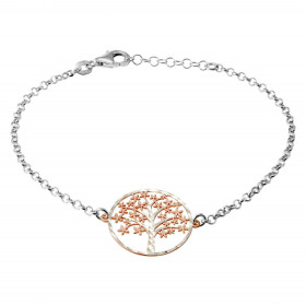 Bracelet en argent rhodié avec 1 arbre de vie argent flashé or rose de 20mm de diamètre. Longueur ajustable de 18 à 20cm