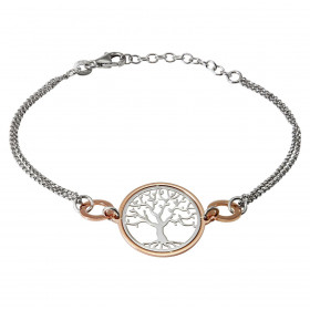 Bracelet argent rhodié composé d une chainette double, 2 cercles argent flashé or rose 8mm diamètre 1 arbre vie cerclé arg...