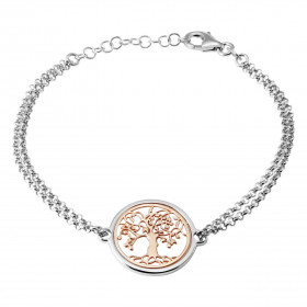 Bracelet en argent rhodié composé d&#39;un arbre de vie en argent flashé or rose dans un cercle sur fond de nacre de 19mm ...