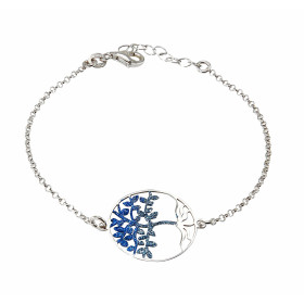 Bracelet en argent rhodié composé d'un arbre de vie dans un cercle de 20mm de diamètre avec des paillettes bleues. Chaîne ...
