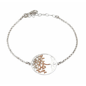 Bracelet en argent rhodié composé d'un arbre de vie dans un cercle de 20mm de diamètre avec des paillettes cuivrées et gri...