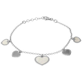 Bracelet argent rhodié 3 breloques coeur nacre 2 breloques coeur Chaîne maille ronde 1,7mm large Longueur : 17 à 19cm Syst...