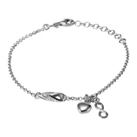 Bracelet en argent composé d'un motif fantaisie serti d'oxydes de zirconium, d'une breloque coeur et une breloque infini. ...