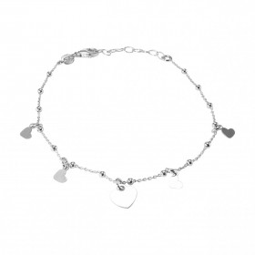 Bracelet argent rhodié composé 5 breloques coeur Maille forçat 1mm large boules 2mm large Longueur du bracelet ajustable 1...