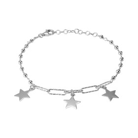 Bracelet argent rhodié composé 3 breloques étoiles fixées sur des anneaux ciselés Chaîne maille perlée 2,5mm large Longueu...
