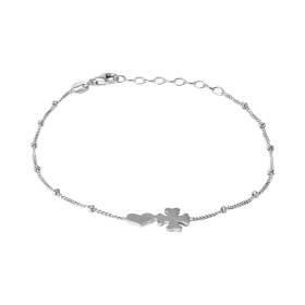 Bracelet en argent rhodié composé d'un trèfle à 4 feuilles et d'un coeur. Chaîne maille gourmette de 1mm de large et perle...