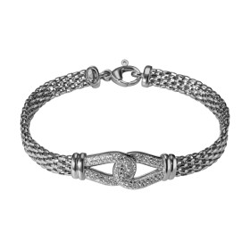 Bracelet en argent rhodié composé d'un entrelas sertis d'oxydes de zirconium. Chaîne maille fantaisie de 6mm de large. Lon...