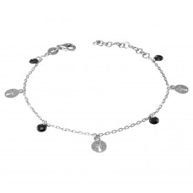 Bracelet argent rhodié composé 3 breloques arbre vie 4 breloques oxyde zirconium noir Chaîne maille forçat : 1,2mm large L...
