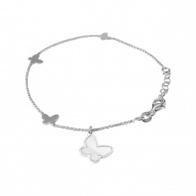 Bracelet argent rhodié composé 3 papillons argent 7x7mm 1 breloque papillon nacre 10x12mm Maille jaseron 1,3mm large Longu...