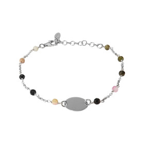  Bracelet arge,t rhodié composé d une plaque à graver 12mm diamètre perles facettées toumaline 3mm large Chaîne maille ron...