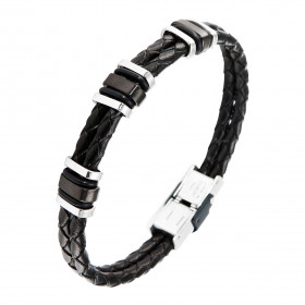 Bracelet cuir noir tressé, acier et caoutchouc 1,1x21cm
