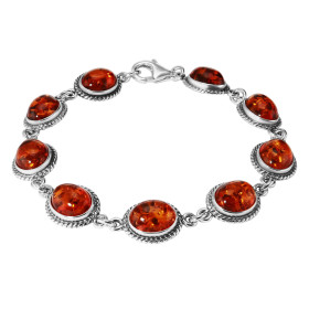 Bracelet Argent 925 Ambre Ovale couleur cognac Pierres ovales 10x8mm Longueur du bracelet : 19.5cm