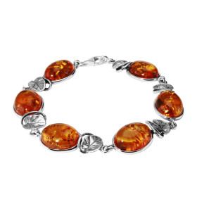 Bracelet en Argent 925 et Ambre Ovale et Motifs Feuilles. Pierres ovales de 16x12mm. Longueur du bracelet : 21cm