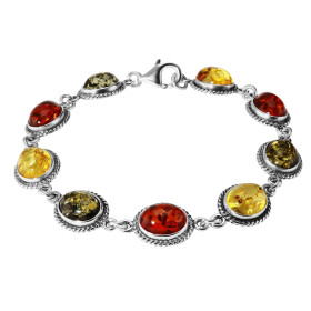 Bracelet en Argent 925 et Ambre Ovale Multicolore. Pierres ovales de 10x8mm. Longueur du bracelet : 19.5cm