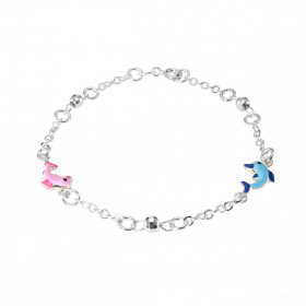 Bracelet enfant argent composé 2 dauphins émail rose bleue 8x10mm 3 boules d argent facettées 4mm diamètre Chaîne 2,4mm la...