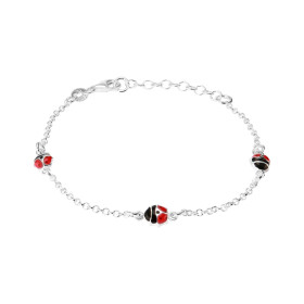 Bracelet argent rhodié composé 3 coccinelles colorées l émail Chaîne maille ronde 1,7mm large Longueur : 15 à 18cm Système...