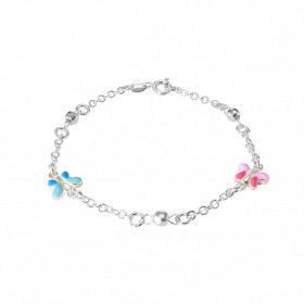 Bracelet enfant argent composé 2 papillons émail rose bleue 9x6mm 3 boules d argent faceté 4mm diamètre Chaîne 2,4mm large...