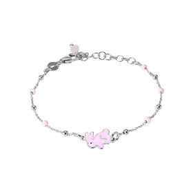 Bracelet enfant argent rhodié composé d un lapin émail rose 8x9mm perles émail rose 2,3mm large Chaîne maille forçat 0,9mm...