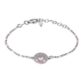 Bracelet enfant en argent rhodié composé d'un ourson en émail rose sur une plaque de 10mm de diamètre. Chaîne perlée de 1,...