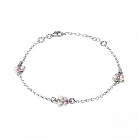 Bracelet enfant argent rhodié composé 3 papillons émail rose blanc 7x5mm Chaîne maille jaseron 1,7mm large Longueur du bra...