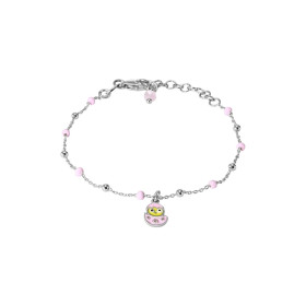 Bracelet en argent rhodié composé d'un poussin jaune dans un oeuf rose en émail et de perles roses de 2,4mm de large. Chaî...