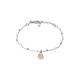 Bracelet argent rhodié composé d un poussin jaune dans un oeuf rose émail perles roses 2,4mm large Chaîne maille forçat 0,...
