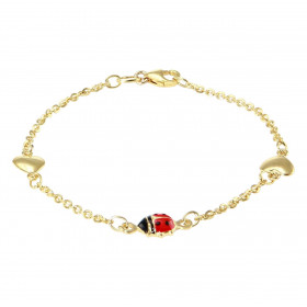 Bracelet enfant or jaune 375 composé 2 coeurs 5x6mm une coccinelle émaillée 6x6mm Chaîne maille forçat : 1,6mm large Longu...