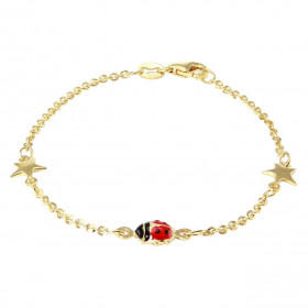 Bracelet enfant or jaune 375 composé 2 étoiles 5,8x6,3mm une coccinelle émaillée 6x6mm Chaîne maille forçat : 1,6mm large ...