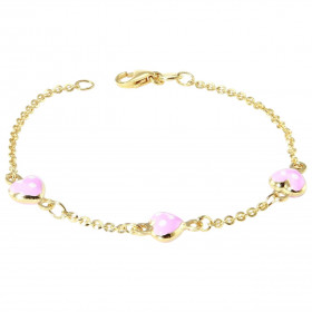 Bracelet enfant or jaune 375 composé 3 coeurs émaillés 6,2x5,4mm Chaîne maille forçat : 1,6mm large Longueur : 14cm Systèm...