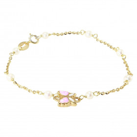 Bracelet enfant or jaune 375 composé d'un papillon émaillé de 7,9x7mm et de perles blanches de 3mm de diamètre. Chaîne mai...